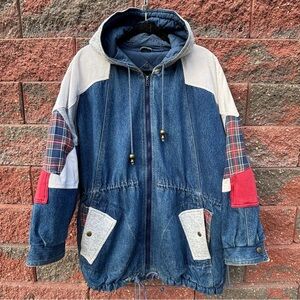 Vintage Jacket Womens Large Denim Corduroy Patchwork 90s Outerwear Warm Coat